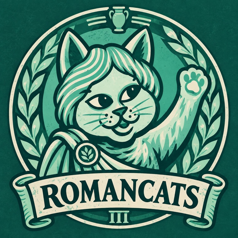 RomanCats crest: a laurel-wreathed cat in a toga raising a paw, above a banner reading ROMANCATS and the numeral III